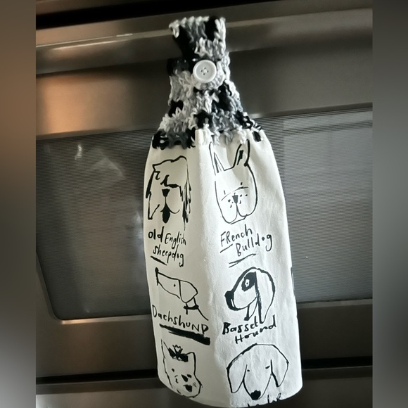 Hand Crafted Black and White Dog Print Hanging Kitchen Hand Towel - Picture 5 of 9